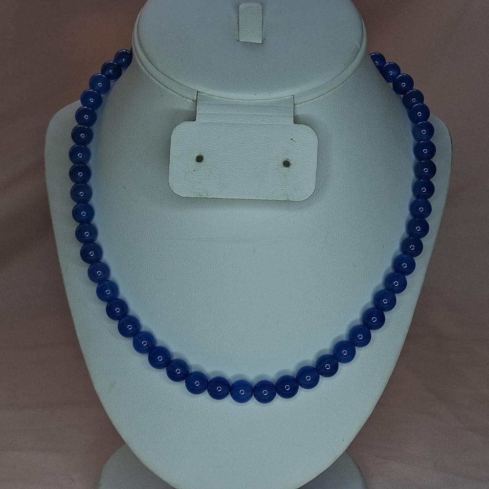 Ocean Blue Smooth Glass Ball Beaded Single Strand Necklace Adjustable